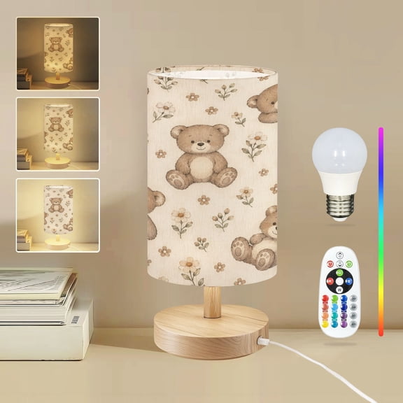 16-Color Dimmable Table Lamp for Bedroom, Cute Brown Teddy Bears animal Flowers Soft Beige cartoon Nightstand Lamp with Wood Base Fabric Shade, Gifts for Nursery Living Room Reading Room
