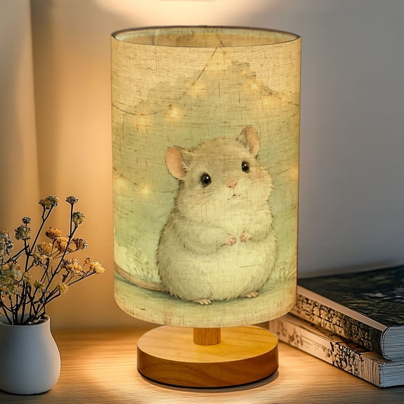 16-Color Dimmable Table Lamp for Bedroom, Cute Fluffy Mouse String Lights Soft Watercolor Nightstand Lamp with Wood Base Fabric Shade, Gifts for Nursery Living Room Reading Room