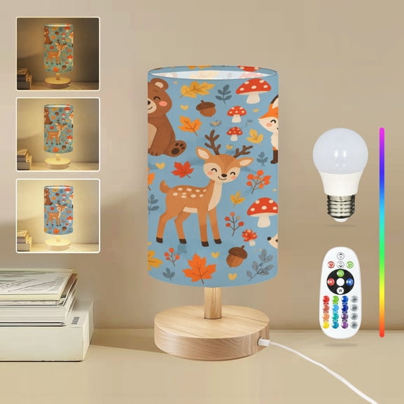 16-Color Dimmable Table Lamp for Bedroom, Cute Woodland Animals autumn Bear Fox Deer Hedgehog Colorful Fall Nightstand Lamp with Wood Base Fabric Shade, Gifts for Nursery Living Room Reading Room