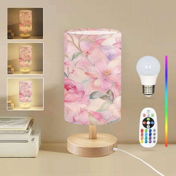 16-Color Dimmable Table Lamp for Bedroom, Delicate Pink Floral Watercolor Elegant Linework botanical Nightstand Lamp with Wood Base Fabric Shade, Gifts for Nursery Living Room Reading Room