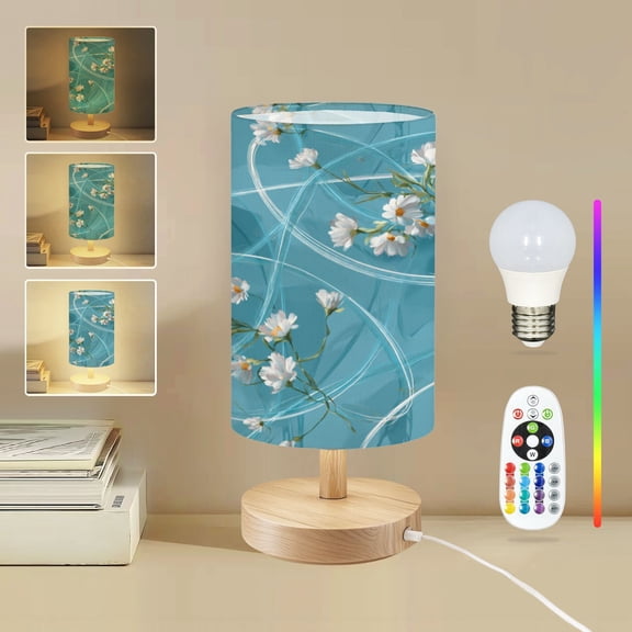 16-Color Dimmable Table Lamp for Bedroom, Delicate White Flowers Blue Playful lines abstract Nightstand Lamp with Wood Base Fabric Shade, Gifts for Nursery Living Room Reading Room