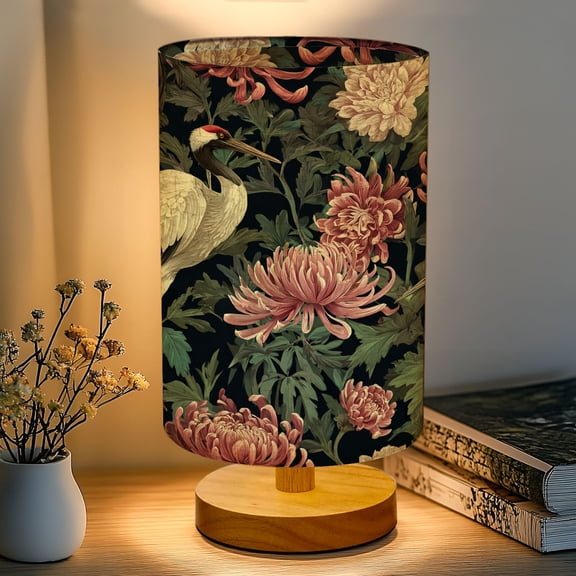 16-Color Dimmable Table Lamp for Bedroom, Elegant Crane Birds Chrysanthemum Floral Soft Tones Nightstand Lamp with Wood Base Fabric Shade, Gifts for Nursery Living Room Reading Room