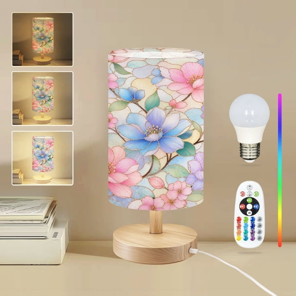 16-Color Dimmable Table Lamp for Bedroom, Elegant Floral elegant Pink Blue Blossoms Light stained Glass Nightstand Lamp with Wood Base Fabric Shade, Gifts for Nursery Living Room Reading Room