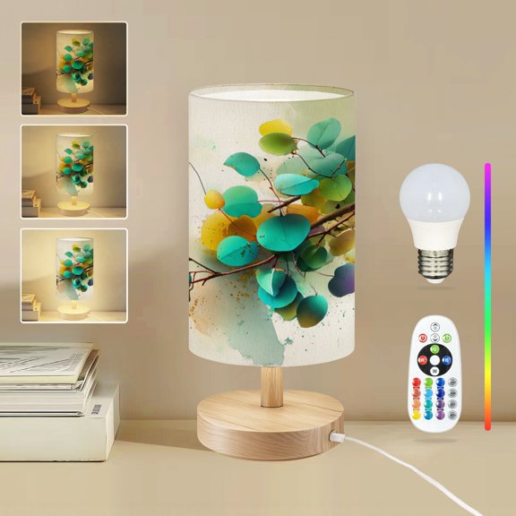 16-Color Dimmable Table Lamp for Bedroom, Eucalyptus Leaves teal Watercolor Technique Green Foliage Nightstand Lamp with Wood Base Fabric Shade, Gifts for Nursery Living Room Reading Room
