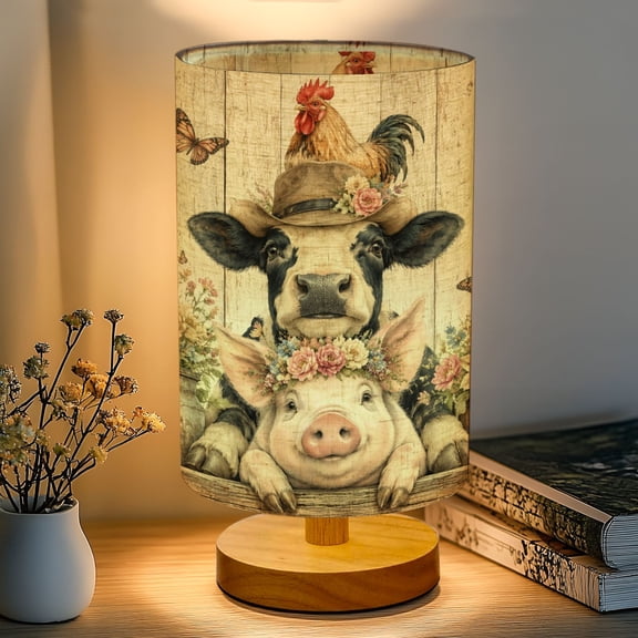 16-Color Dimmable Table Lamp for Bedroom, Farmhouse Animals Pig Cow Flower Crown Rustic Farm Scene Funny Nightstand Lamp with Wood Base Fabric Shade, Gifts for Nursery Living Room Reading Room