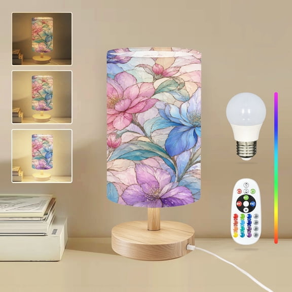 16-Color Dimmable Table Lamp for Bedroom, Floral Watercolor Design Pastel colors pink blue flowers delicate Nightstand Lamp with Wood Base Fabric Shade, Gifts for Nursery Living Room Reading Room
