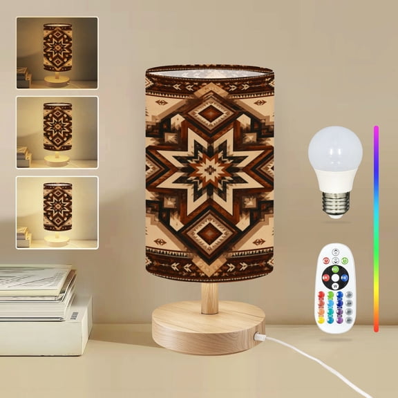 16-Color Dimmable Table Lamp for Bedroom, Geometric Tribal Western Earthy Tones Symmetrical Patterns Nightstand Lamp with Wood Base Fabric Shade, Gifts for Nursery Living Room Reading Room