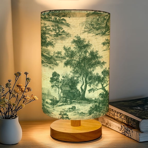 16-Color Dimmable Table Lamp for Bedroom, Green Scenic Landscape Trees Rocks Traditional Rustic Nightstand Lamp with Wood Base Fabric Shade, Gifts for Nursery Living Room Reading Room