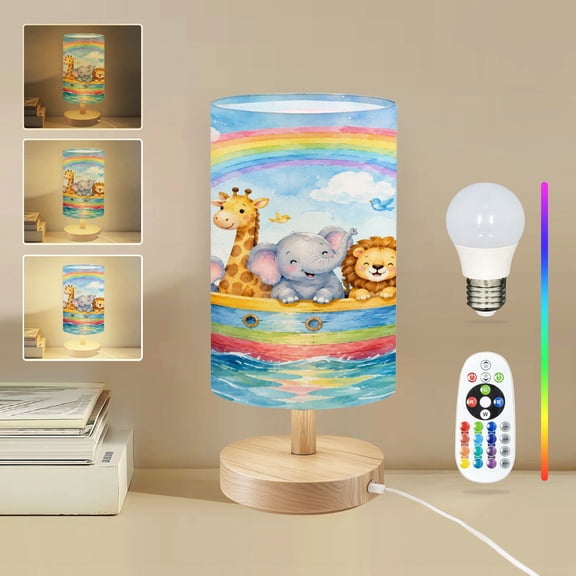 16-Color Dimmable Table Lamp for Bedroom, Jungle Animals Boat Noahs Ark Adorable under Rainbow Colorful Nightstand Lamp with Wood Base Fabric Shade, Gifts for Nursery Living Room Reading Room