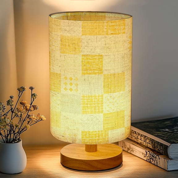 16-Color Dimmable Table Lamp for Bedroom, Lemon yellow gingham check spring summer Nightstand Lamp with Wood Base Fabric Shade, Gifts for Nursery Living Room Reading Room