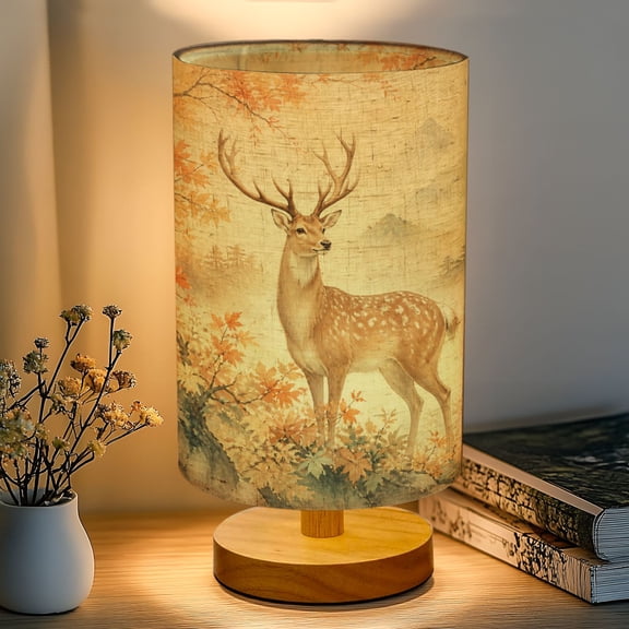 16-Color Dimmable Table Lamp for Bedroom, Majestic Deer vintage rustic Autumn Forest Mountain Landscape Nightstand Lamp with Wood Base Fabric Shade, Gifts for Nursery Living Room Reading Room