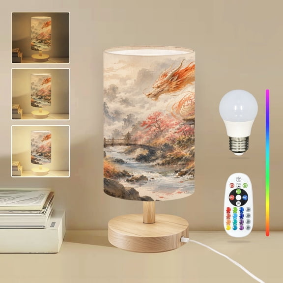 16-Color Dimmable Table Lamp for Bedroom, Majestic Dragon Chinoiserie Misty Landscape Cherry Blossoms Nightstand Lamp with Wood Base Fabric Shade, Gifts for Nursery Living Room Reading Room