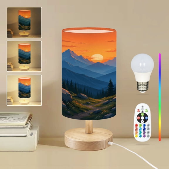 16-Color Dimmable Table Lamp for Bedroom, Majestic Mountain Landscape Sunset Vibrant Orange Skies orange Nightstand Lamp with Wood Base Fabric Shade, Gifts for Nursery Living Room Reading Room