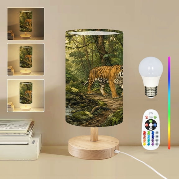 16-Color Dimmable Table Lamp for Bedroom, Majestic Tiger Walking Green Jungle forest wildlife nature Nightstand Lamp with Wood Base Fabric Shade, Gifts for Nursery Living Room Reading Room