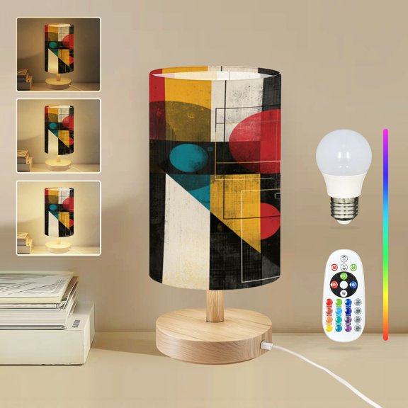 16-Color Dimmable Table Lamp for Bedroom, Mid Century Modern Atomic Retro Luxurious Graphic Print Nightstand Lamp with Wood Base Fabric Shade, Gifts for Nursery Living Room Reading Room