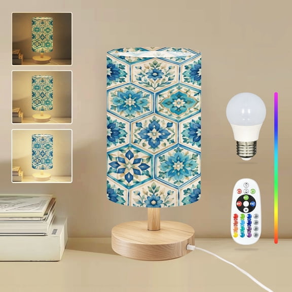 16-Color Dimmable Table Lamp for Bedroom, Moroccan Tile Whimsical Geometric Floral Motifs Teal Blue Gold Nightstand Lamp with Wood Base Fabric Shade, Gifts for Nursery Living Room Reading Room
