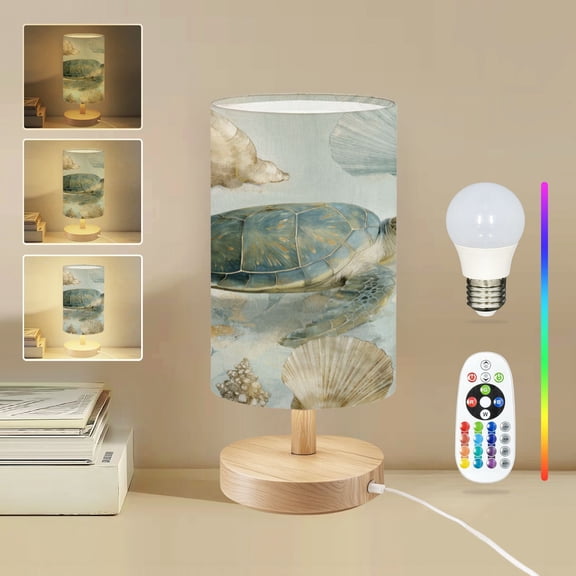 16-Color Dimmable Table Lamp for Bedroom, Nautical Sea Turtle Shells Coral Blue Cream Tones Turtle Nightstand Lamp with Wood Base Fabric Shade, Gifts for Nursery Living Room Reading Room