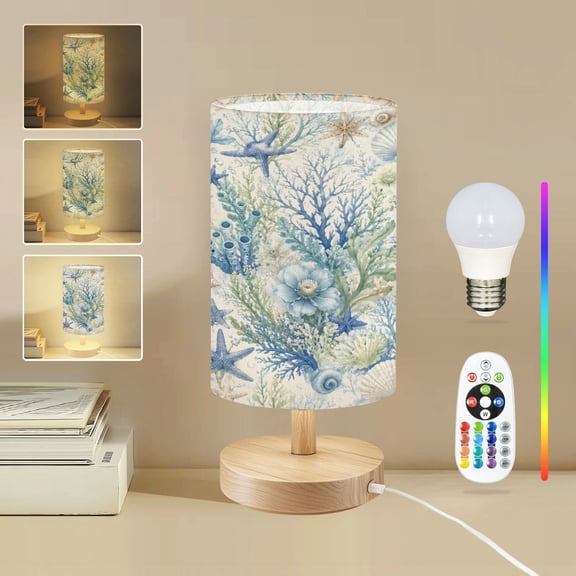 16-Color Dimmable Table Lamp for Bedroom, Ocean Inspired Floral Marine Life Soft Blue Green Tones Ocean Nightstand Lamp with Wood Base Fabric Shade, Gifts for Nursery Living Room Reading Room
