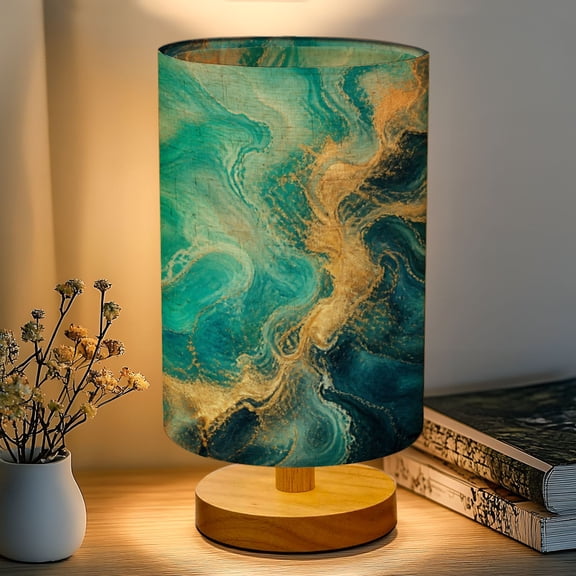 16-Color Dimmable Table Lamp for Bedroom, Pastel cyan mint liquid marble watercolor gold lines brush Nightstand Lamp with Wood Base Fabric Shade, Gifts for Nursery Living Room Reading Room