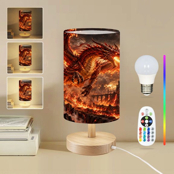 16-Color Dimmable Table Lamp for Bedroom, Red Dragon Breathing Fire Majestic Red Dragon Fiery Landscape Nightstand Lamp with Wood Base Fabric Shade, Gifts for Nursery Living Room Reading Room