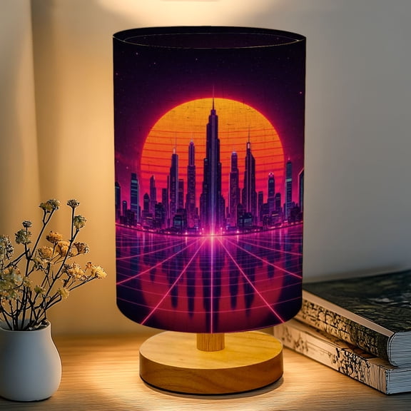 16-Color Dimmable Table Lamp for Bedroom, Retro synthwave retrowave styled night cityscape sunset Nightstand Lamp with Wood Base Fabric Shade, Gifts for Nursery Living Room Reading Room