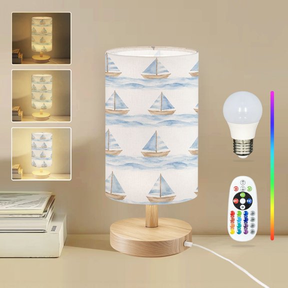 16-Color Dimmable Table Lamp for Bedroom, Sailboats Watercolor Waves Soft Blue Waves vintage marine Nightstand Lamp with Wood Base Fabric Shade, Gifts for Nursery Living Room Reading Room