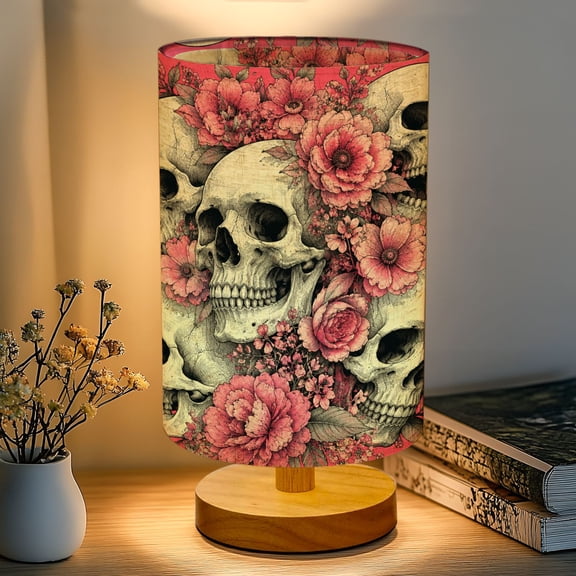 16-Color Dimmable Table Lamp for Bedroom, Skull Floral Pink White Artistic Intricate Nightstand Lamp with Wood Base Fabric Shade, Gifts for Nursery Living Room Reading Room