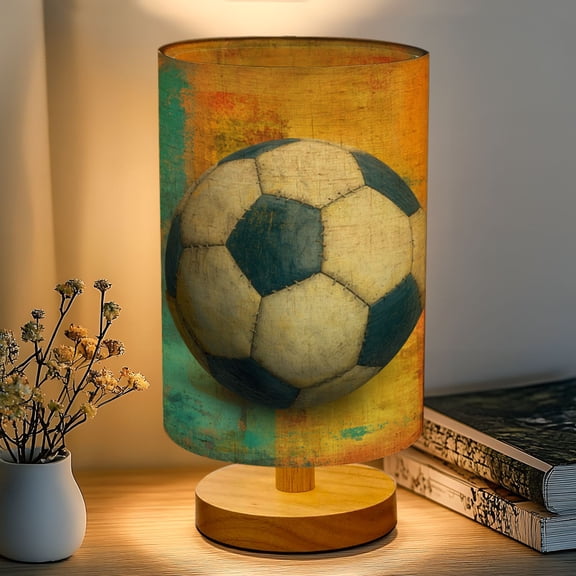 16-Color Dimmable Table Lamp for Bedroom, Sports Wall Art Soccer Artistic Abstract Expressionism Nightstand Lamp with Wood Base Fabric Shade, Gifts for Nursery Living Room Reading Room