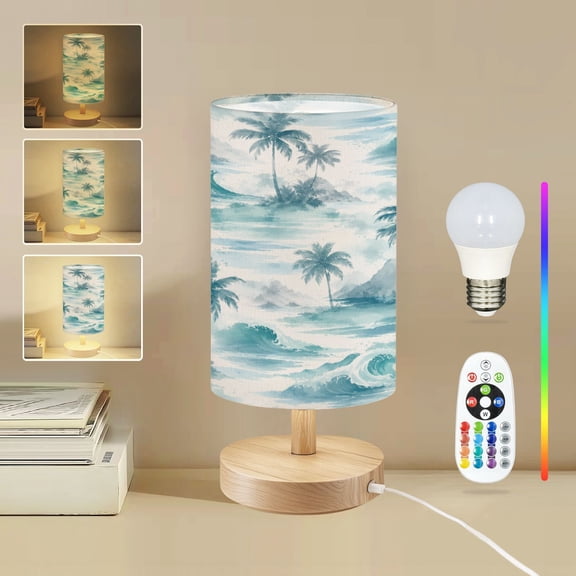 16-Color Dimmable Table Lamp for Bedroom, Tropical Watercolor Landscape Palm Trees Waves exotic nature ocean Nightstand Lamp with Wood Base Fabric Shade, Gifts for Nursery Living Room Reading Room