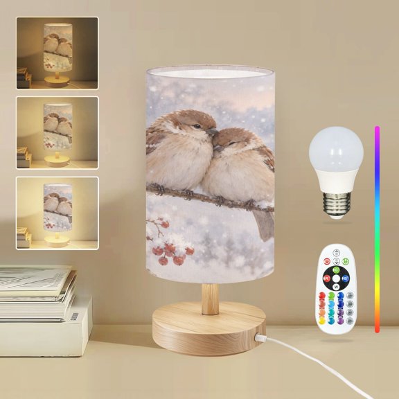 16-Color Dimmable Table Lamp for Bedroom, Two Adorable Sparrows Snowy Winter Nestled birdwatching Nightstand Lamp with Wood Base Fabric Shade, Gifts for Nursery Living Room Reading Room