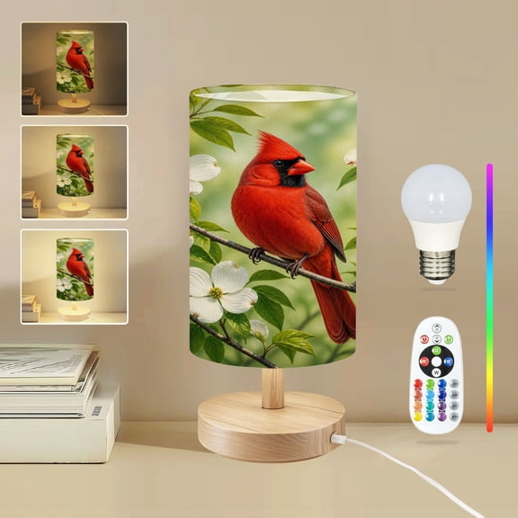 16-Color Dimmable Table Lamp for Bedroom, Vibrant Red Cardinal nature Dogwood Tree Branch White Blossoms Nightstand Lamp with Wood Base Fabric Shade, Gifts for Nursery Living Room Reading Room
