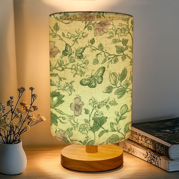 16-Color Dimmable Table Lamp for Bedroom, Vintage Floral Butterflies Green Leaves Cream Nightstand Lamp with Wood Base Fabric Shade, Gifts for Nursery Living Room Reading Room