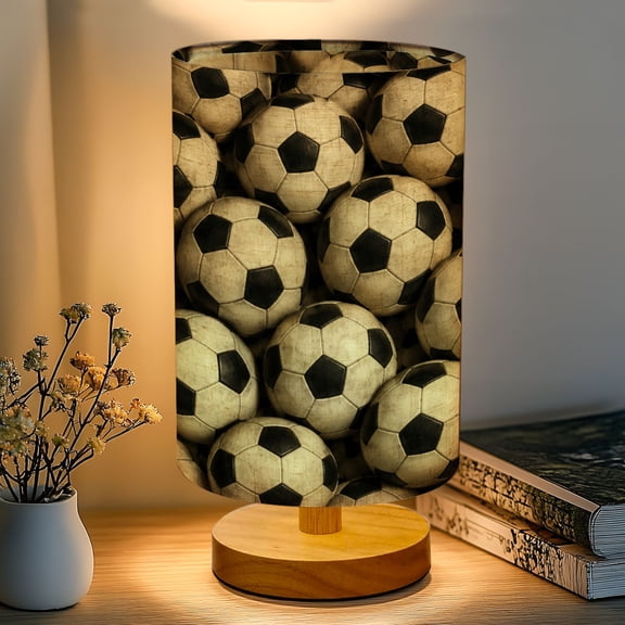 16-Color Dimmable Table Lamp for Bedroom, Vintage Soccer Ball Black White Hexagonal Designs Nightstand Lamp with Wood Base Fabric Shade, Gifts for Nursery Living Room Reading Room