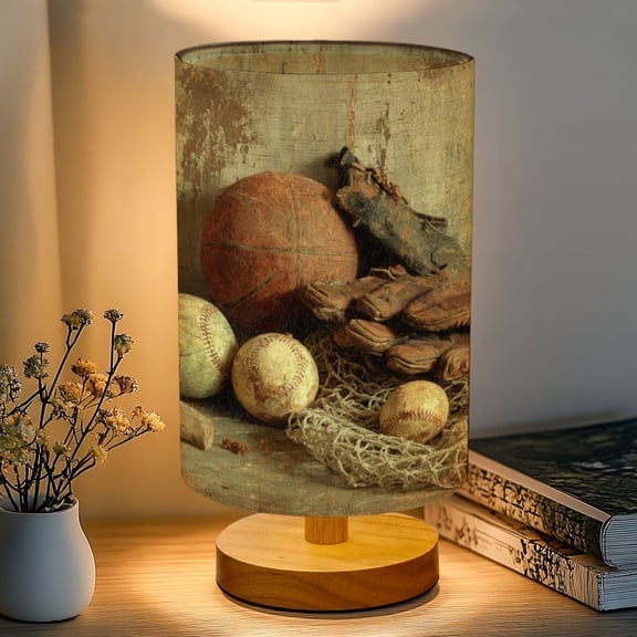 16-Color Dimmable Table Lamp for Bedroom, Vintage Sports Rustic Balls Basketball Baseball Football Sports Nightstand Lamp with Wood Base Fabric Shade, Gifts for Nursery Living Room Reading Room