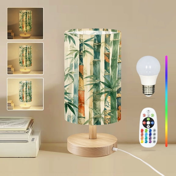 16-Color Dimmable Table Lamp for Bedroom, Watercolor Bamboo Stalks Asian Inspired Patterns Asian Inspired Nightstand Lamp with Wood Base Fabric Shade, Gifts for Nursery Living Room Reading Room