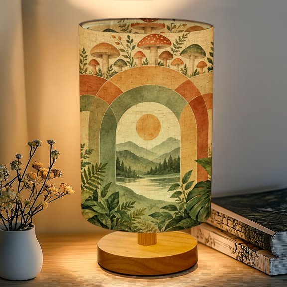 16-Color Dimmable Table Lamp for Bedroom, Whimsical Landscape Mushrooms Colorful Nightstand Lamp with Wood Base Fabric Shade, Gifts for Nursery Living Room Reading Room