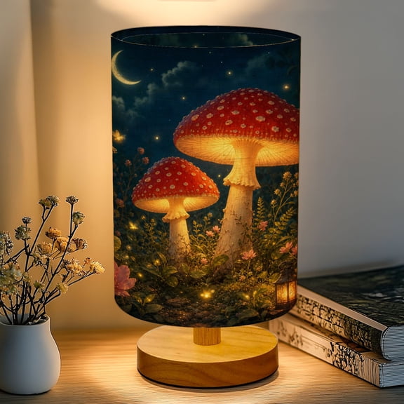 16-Color Dimmable Table Lamp for Bedroom, Whimsical Night Scene Glowing Mushrooms Fairy Lanterns Nightstand Lamp with Wood Base Fabric Shade, Gifts for Nursery Living Room Reading Room