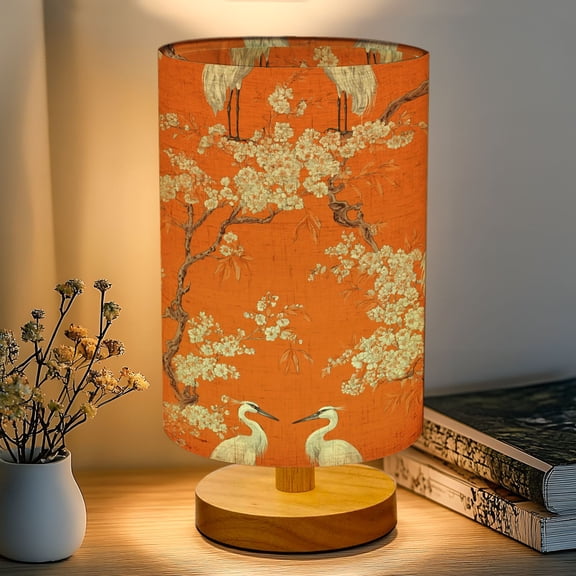 16-Color Dimmable Table Lamp for Bedroom, White Cranes Standing Cherry Blossom Branches Orange Nightstand Lamp with Wood Base Fabric Shade, Gifts for Nursery Living Room Reading Room