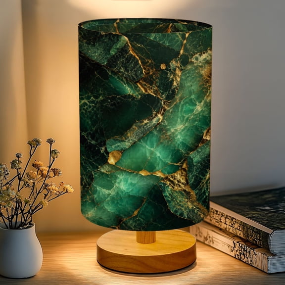 16-Color Dimmable Table Lamp for Bedroom, green emerald shine bright gold marble Nightstand Lamp with Wood Base Fabric Shade, Gifts for Nursery Living Room Reading Room