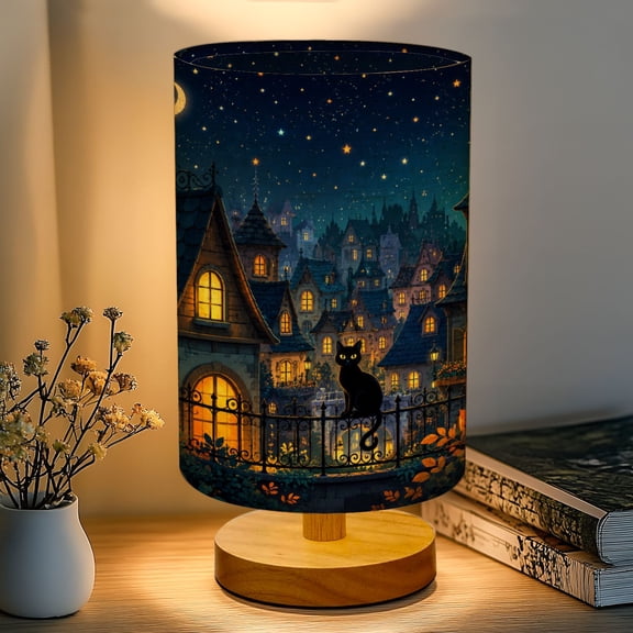 16-Color Dimmable Table Lamp, Black Cat whimsical art Overlooking Fantasy Village Starry Bedside Nightstand Light with Wood Base Fabric Shade for Bedroom Nursery Dorm Gifts