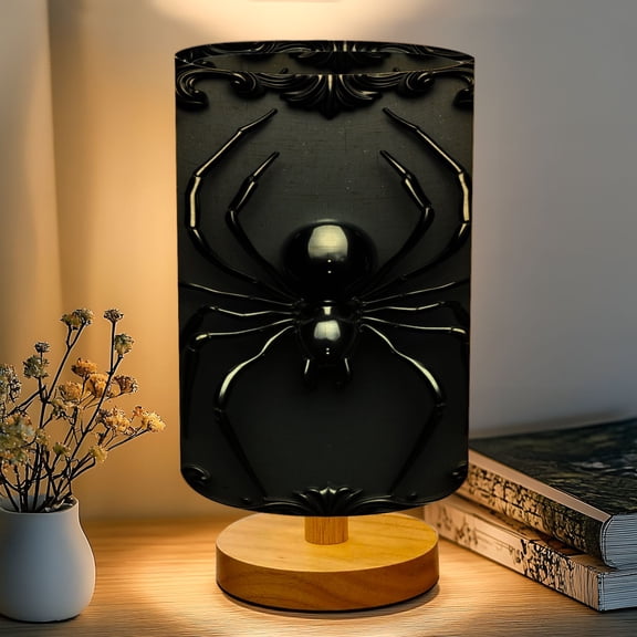 16-Color Dimmable Table Lamp, Black Ornate Gothic Bedside Lamp Nightstand Light for Bedroom Nursery, Wood Base Fabric Shade Reading Lamps Gifts for Kids