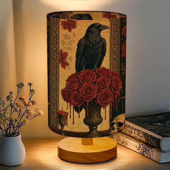16-Color Dimmable Table Lamp, Black Raven Red Roses Gothic Still Life Candles Skull Bedside Lamp Nightstand Light for Bedroom Nursery, Wood Base Fabric Shade Reading Lamps Gifts for Kids