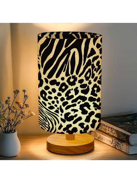 16-Color Dimmable Table Lamp, Black White Animal Print Mix Featuring Zebra Leopard Stripes Bedside Lamp Nightstand Light for Bedroom Nursery, Wood Base Fabric Shade Reading Lamps Gifts for Kids