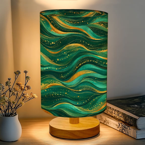 16-Color Dimmable Table Lamp, Blue Fluid Marble Bedside Nightstand Light with Wood Base Fabric Shade, Gifts for Kids Bedroom Nursery Living Room Office