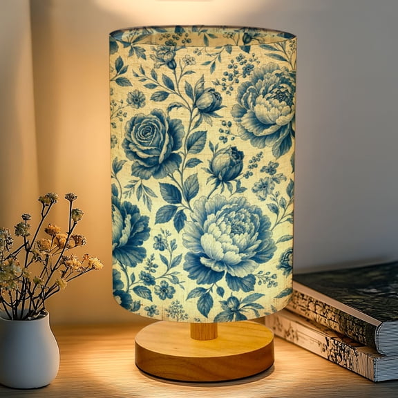 16-Color Dimmable Table Lamp, Blue White Chinoiserie Floral Bedside Lamp Nightstand Light for Bedroom Nursery, Wood Base Fabric Shade Reading Lamps Gifts for Kids