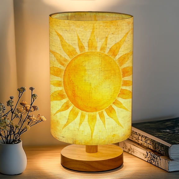 16-Color Dimmable Table Lamp, Bright Yellow Sun Radiating Rays Warm Watercolor Bedside Lamp Nightstand Light for Bedroom Nursery, Wood Base Fabric Shade Reading Lamps Gifts for Kids