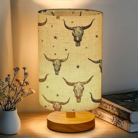 16-Color Dimmable Table Lamp, Bull Skull Stars Beige wild west cowboy Bedside Lamp Nightstand Light for Bedroom Nursery, Wood Base Fabric Shade Reading Lamps Gifts for Kids