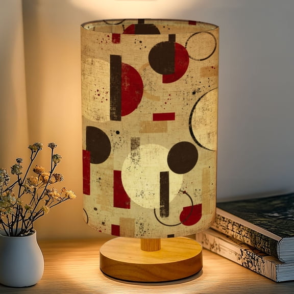 16-Color Dimmable Table Lamp, Burgundy Red Tan Circles Concentric Rings Contrasting Bedside Nightstand Light with Wood Base Fabric Shade, Gifts for Kids Bedroom Nursery Living Room Office