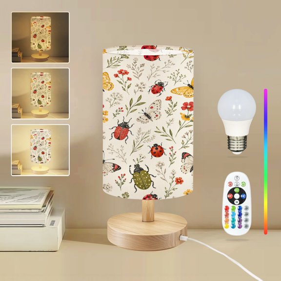 16-Color Dimmable Table Lamp, Butterflies Ladybugs Wildflower Seamless Vintage Watercolor Style Bedside Nightstand Light with Wood Base Fabric Shade, Gifts for Kids Bedroom Nursery Dorm