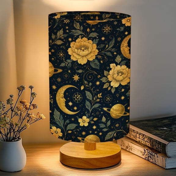 16-Color Dimmable Table Lamp, Celestial Floral Moon Stars Gold Details Black Bedside Nightstand Light with Wood Base Fabric Shade, Gifts for Kids Bedroom Nursery Living Room Office
